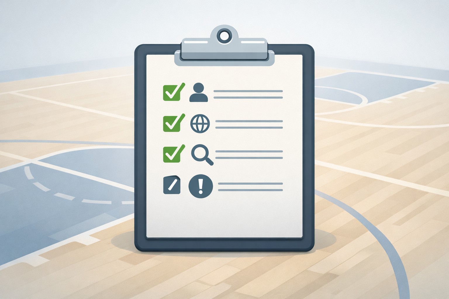 illustration of a clipboard over a basketball court representing Basketballtrainer.com editorial standards 