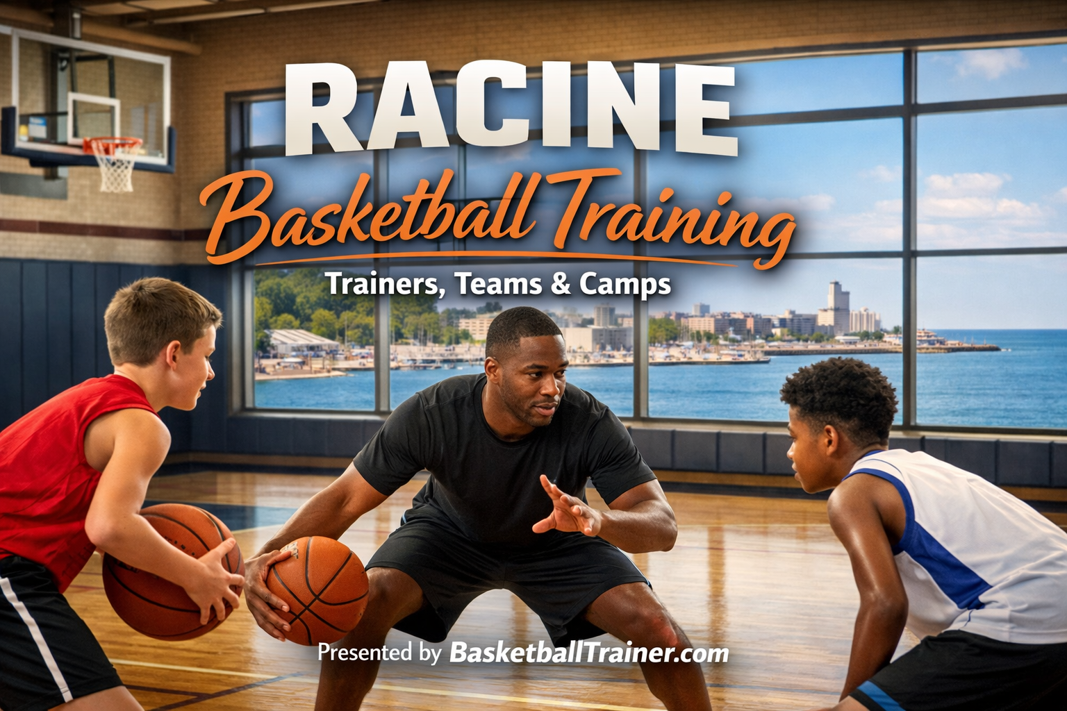 Racine Wisconsin Basketball Training and Trainer in a gym with lake background